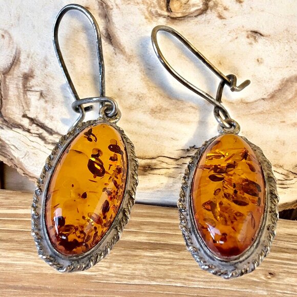 Amber Sterling Silver Dangle Drop Earrings Leverback Handcrafted New - Picture 5 of 7